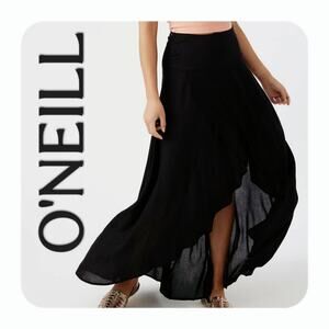 O'Neill High Low Maxi Skirt Back Zip Asym Hem Flowy Black Resort Travel Boho M